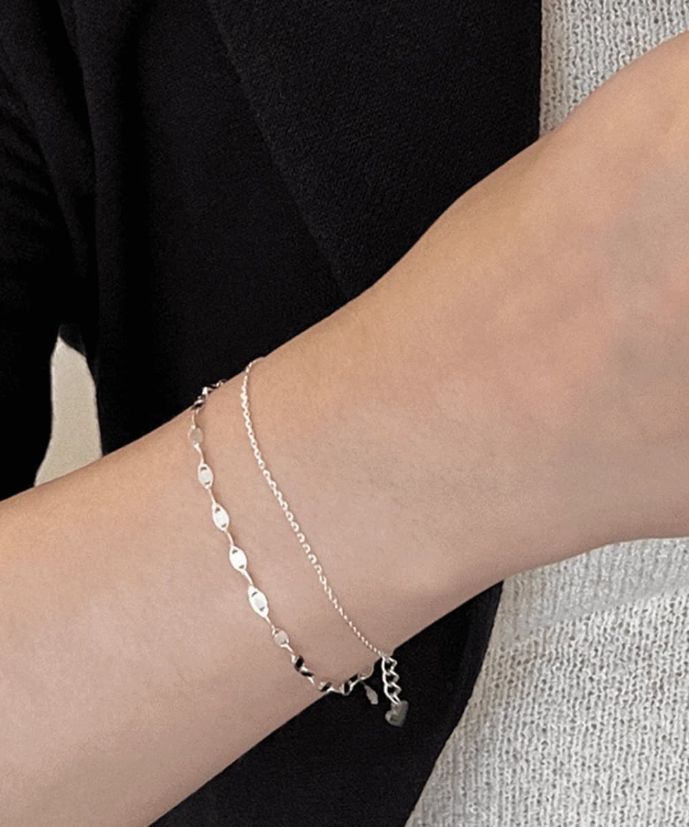 Two-tier Layered Flat Chain Silver Bracelet (2 Colors)