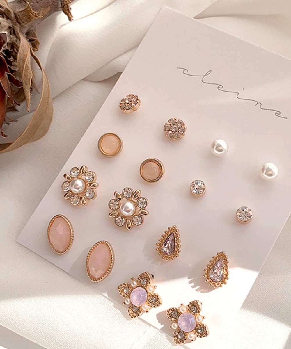 Pink Beam Pearl Titanium Post Earrings Set